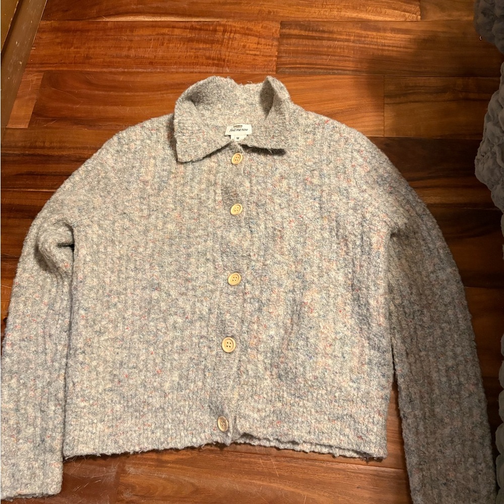 The product shown is a Find Me Now cotton candy button-up cardigan‎ knit size m